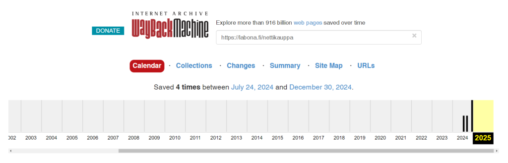 Wayback machine - palauttaa vanhat verkkosivujen tiedot