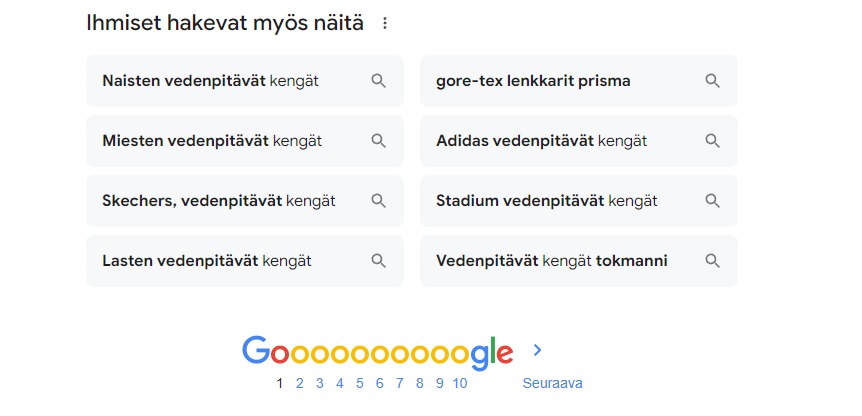 Google hakukoneen "ihmiset hakevat myös näitä" osio hakutuloksissa