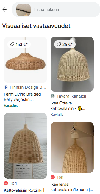 Hakutulokset perustuen visuaaliseen hakuun. Kuvassa Tori.fi kauppapaikalla olevat, kuvahakua vastaavat ilmoitukset etsitystä tuotteesta.