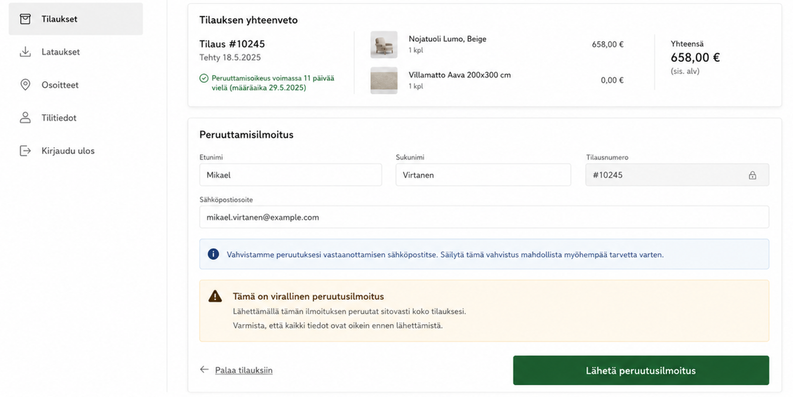 Havaintoestisy lain mukaisesta peruuttamisilmoituksesta WooCommerce Oma asiakastili osiossa. Kuluttajan tulee saada selkeä ymmärrys, että on peruuttamassa tilausta.