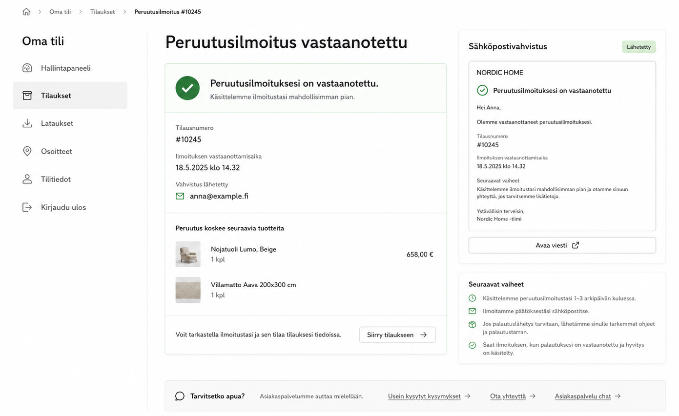 Kuvakaappaus peruutusilmoituksen vastaanotto vahvistus kuluttajalle. Selkeä ja hyvin suunniteltu käyttöliittymä.