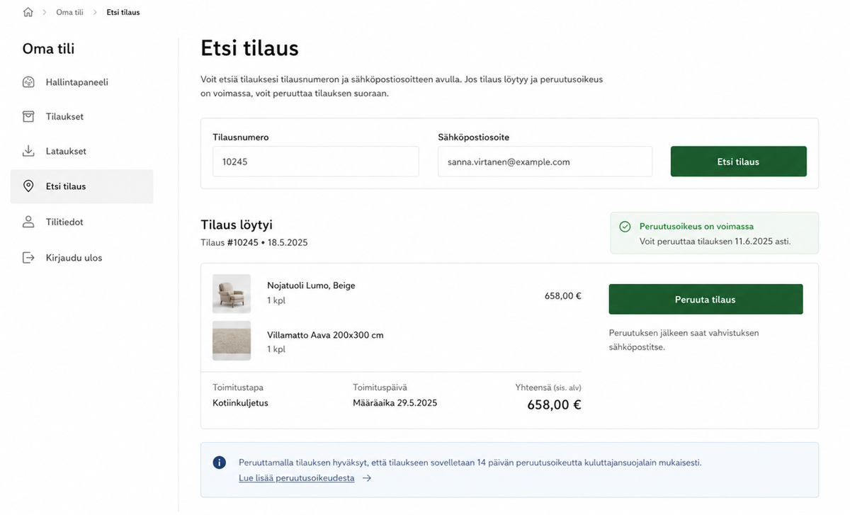 Kuvakaappaus peruuttamisilmoituksen täyttävästä peruutuspolusta. Kuvassa Etsi tilaus toiminto helpottaa kuluttajaa etsimään ja löytämään tilauksensa sekä tarjoaa selkeää peruuta tilaus toimintoa.